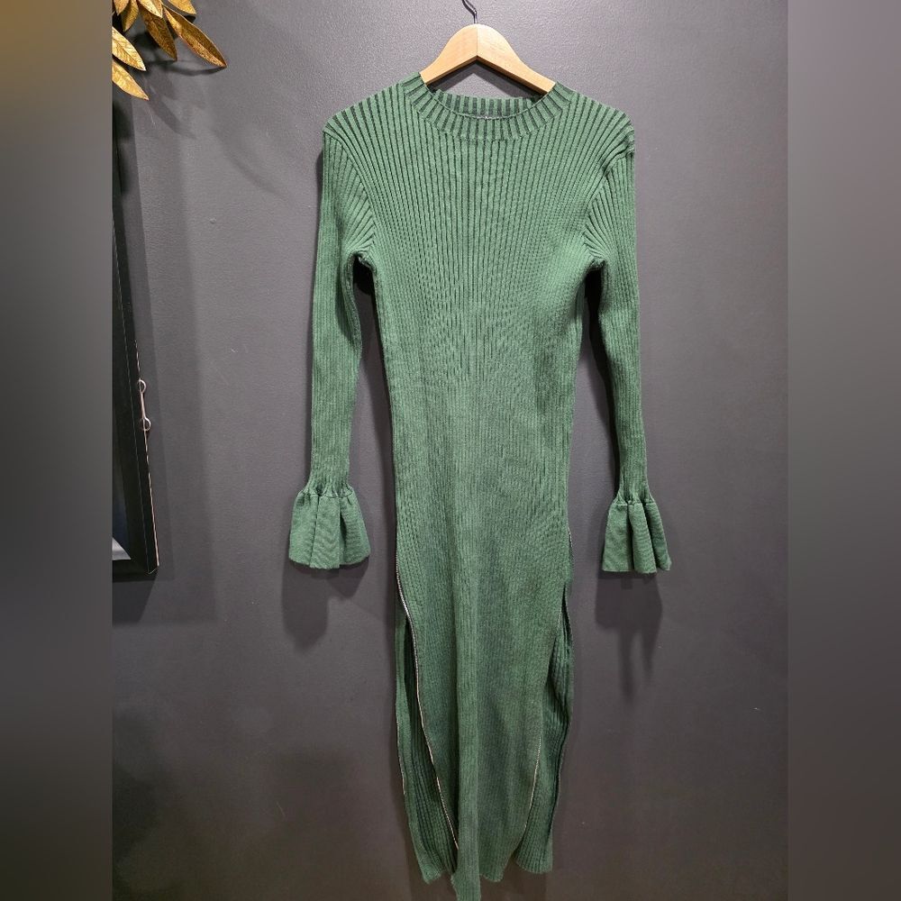 Ribbed Green Knit Dress Flared Sleeves Dual Side Zipper Splits Sweater OS